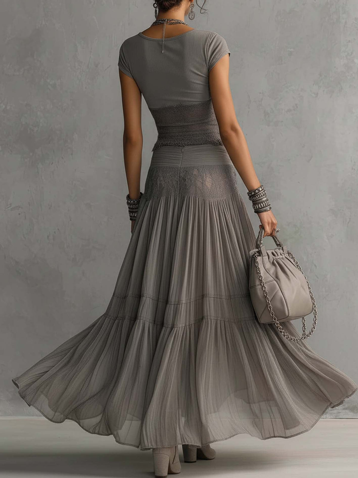 ZARA | GREY LACE TOP & PLEATED MAXI SKIRT
