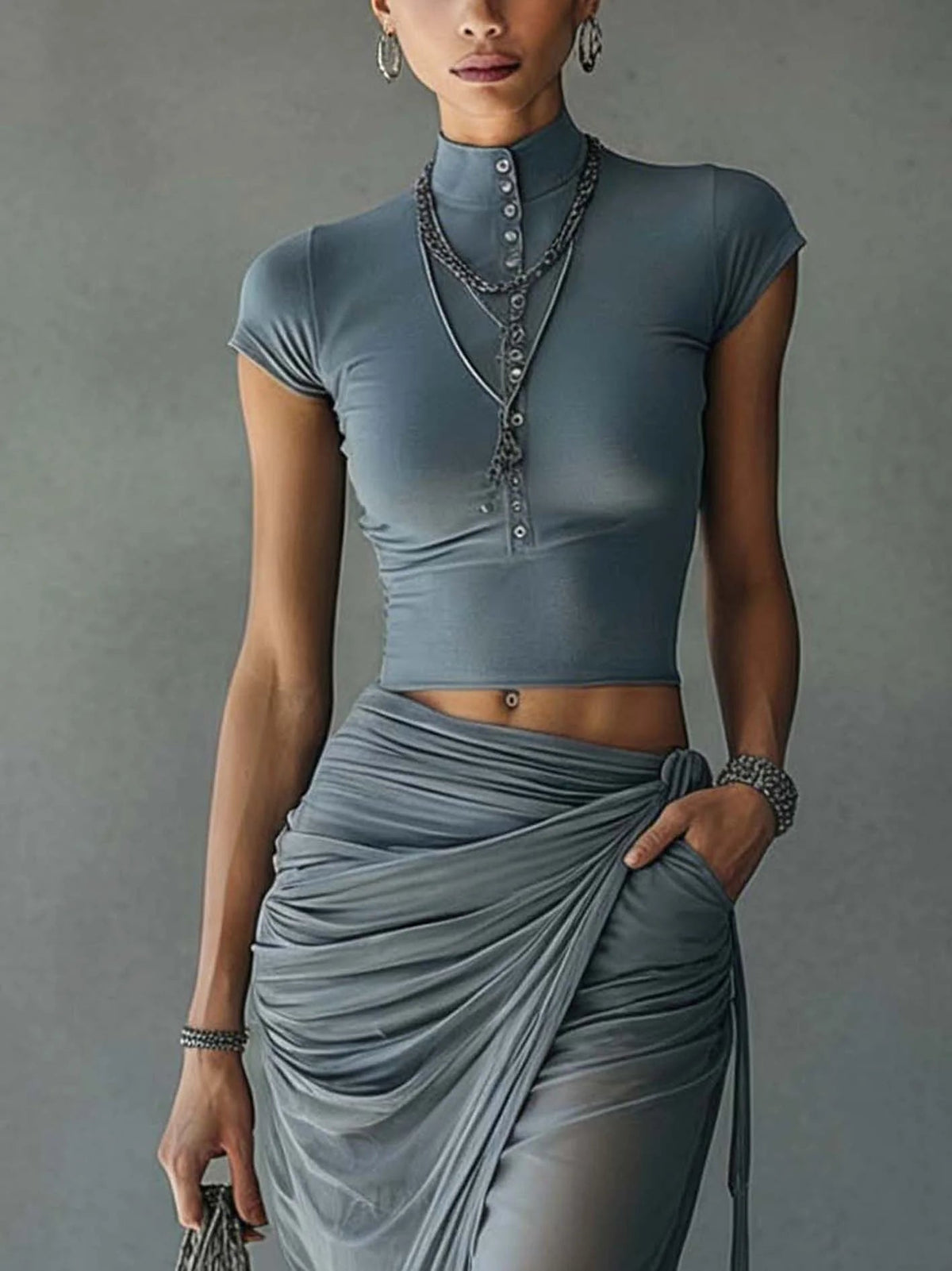 INDIE | T-SHIRT & BLUE DRAPED MESH SKIRT SET
