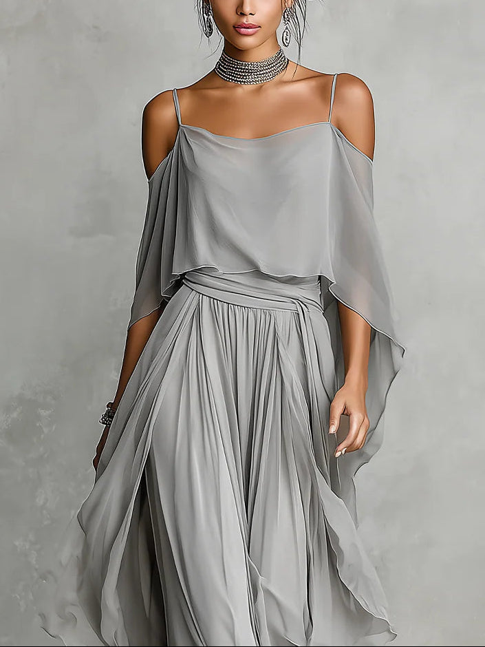 BUSI | GREY CHIFFON TOP & TROUSERS SET
