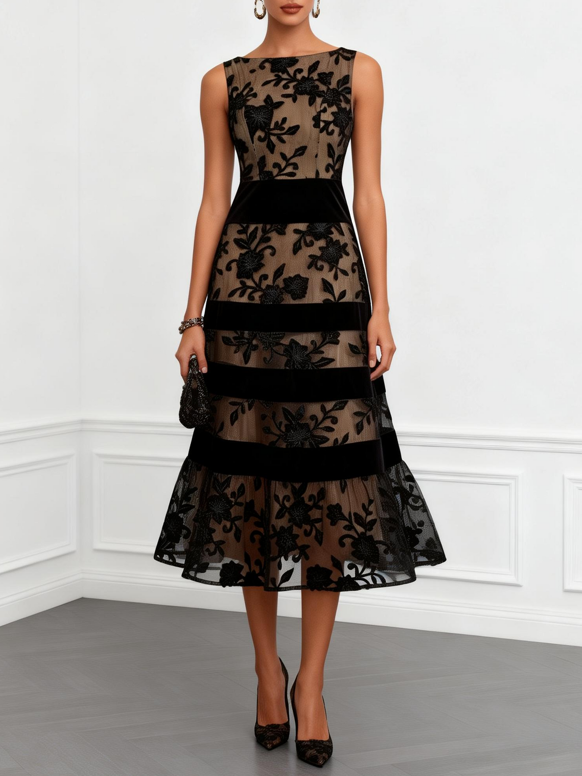 KIRA | BLACK MESH FLORAL A-LINE MIDI DRESS