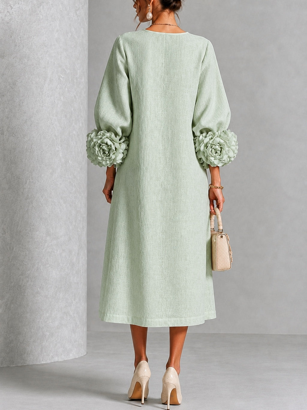 ALANA | ROUND NECK FLORAL CUFF MIDI DRESS