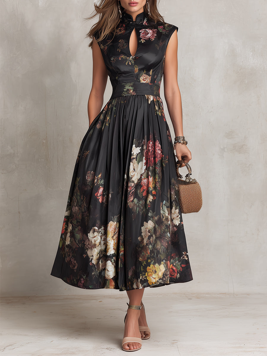 FREYA | PLEATED SATIN KEYHOLE MIDI DRESS