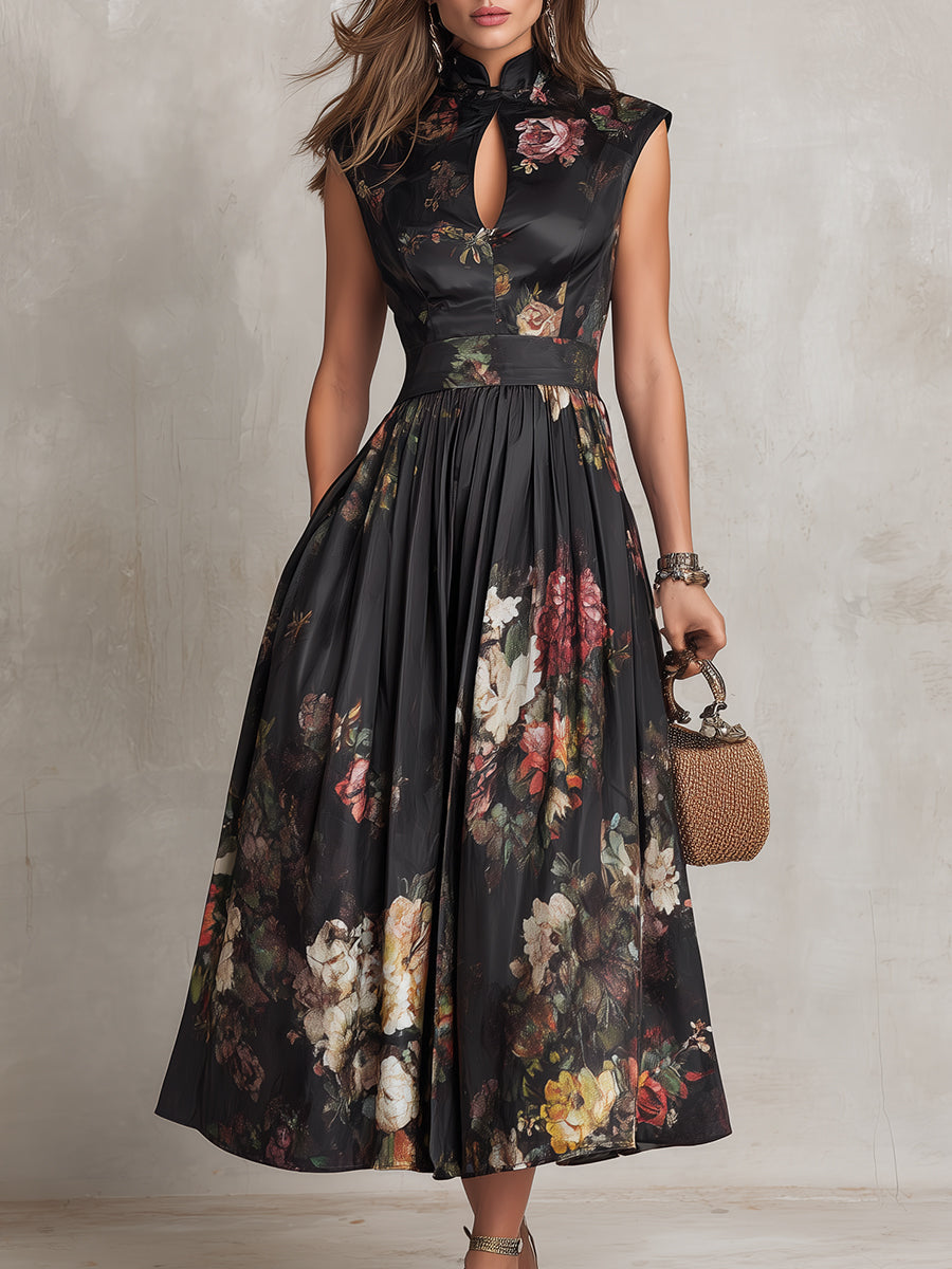 FREYA | PLEATED SATIN KEYHOLE MIDI DRESS