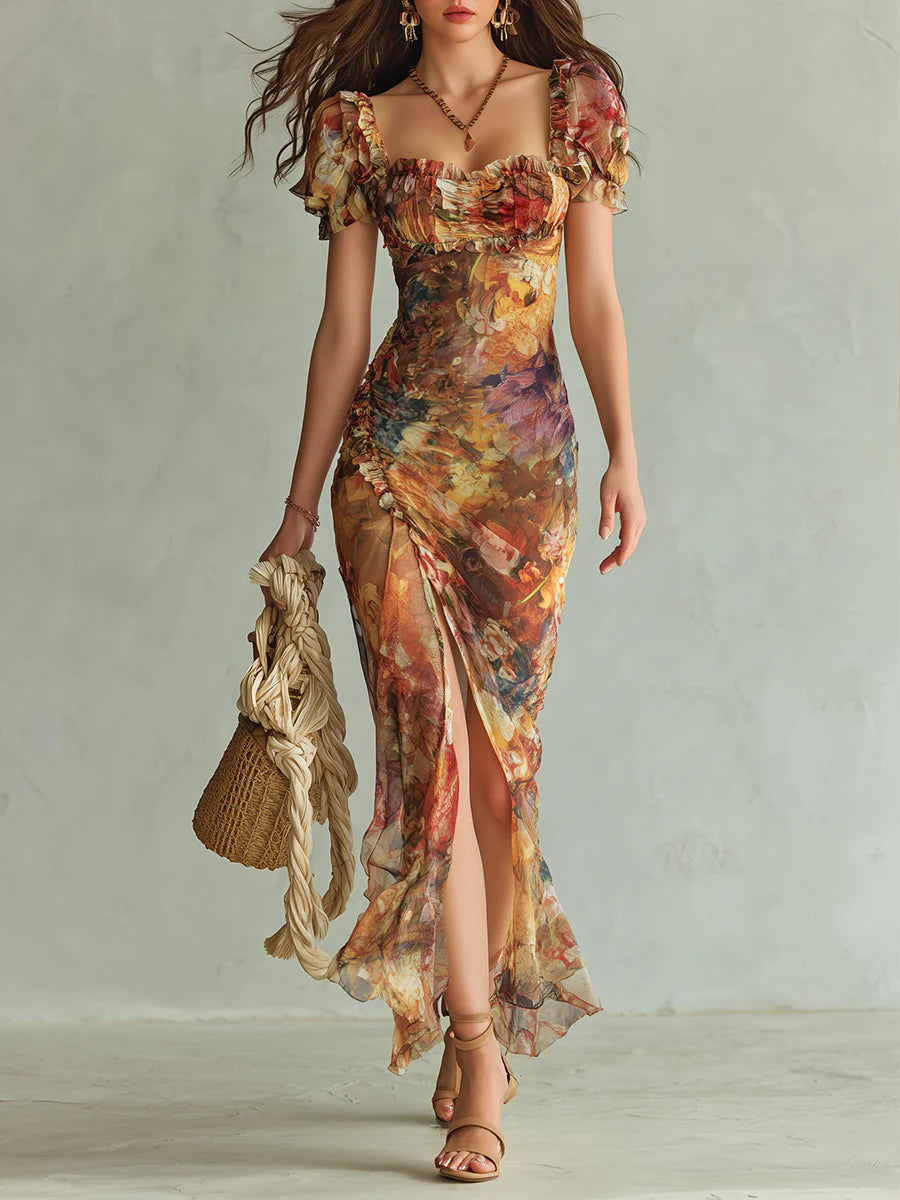 HANNAH | ORANGE OIL PRINT CHIFFON MAXI DRESS
