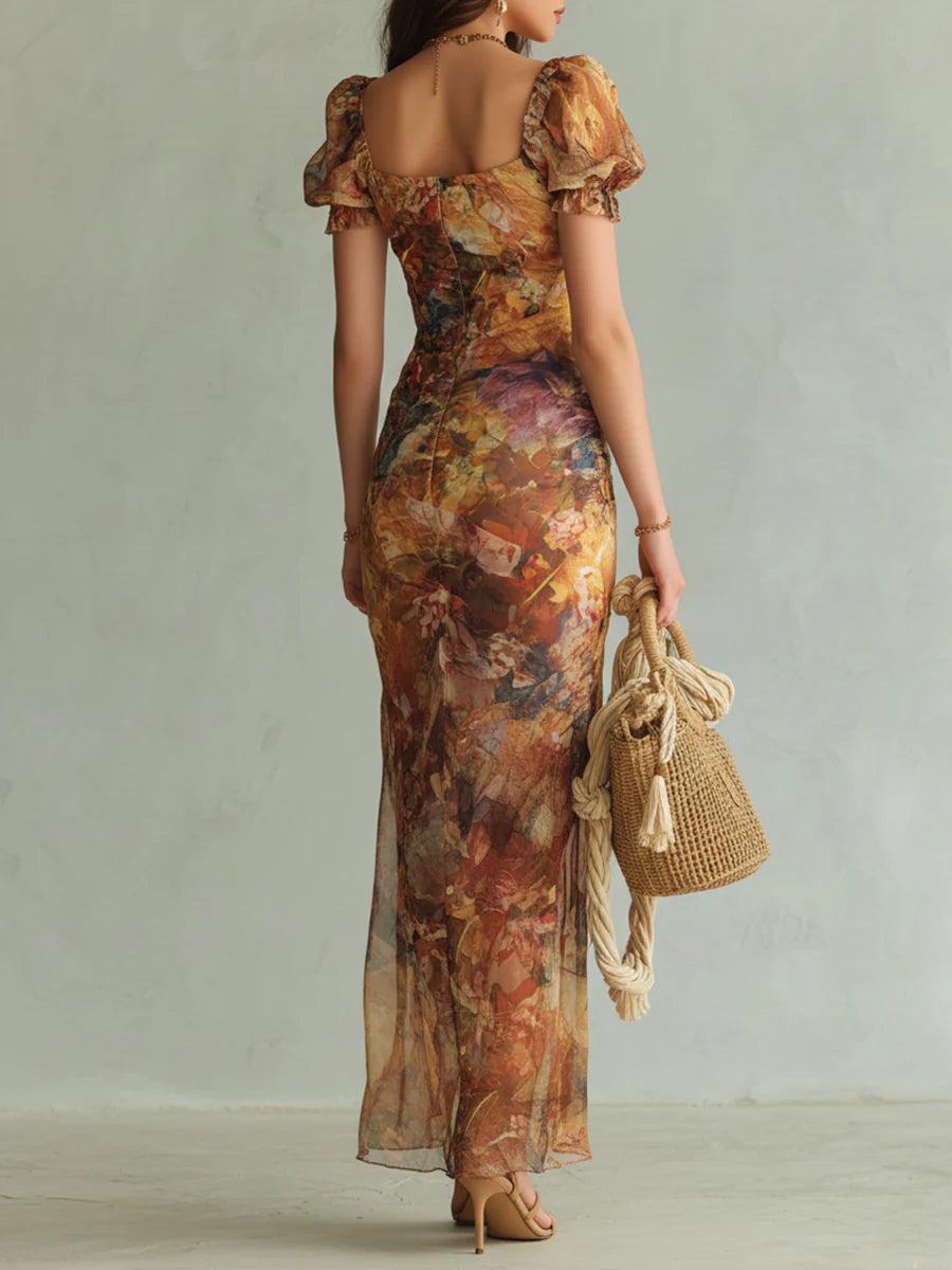 HANNAH | ORANGE OIL PRINT CHIFFON MAXI DRESS