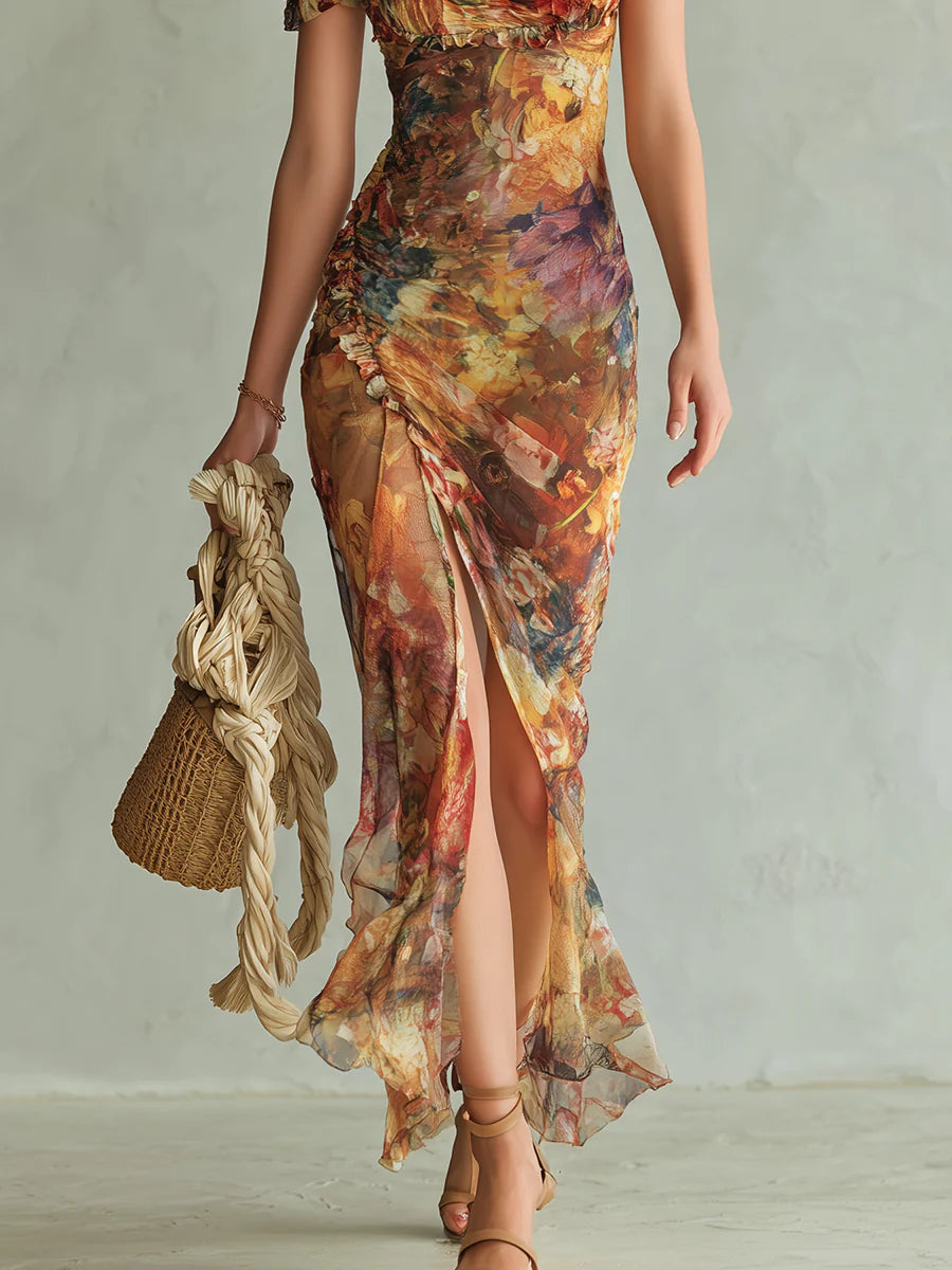 HANNAH | ORANGE OIL PRINT CHIFFON MAXI DRESS
