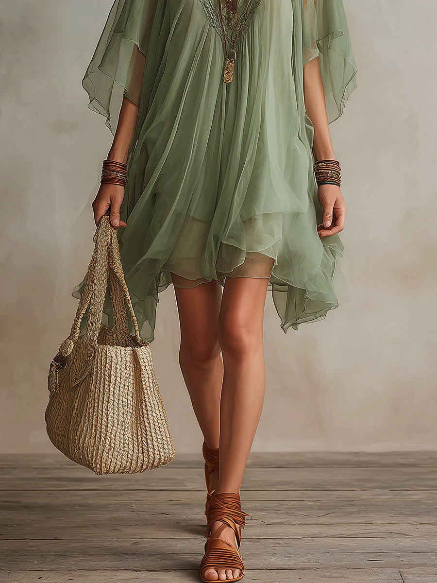 ELIZA | GREEN V-NECK CHIFFON MINI DRESS