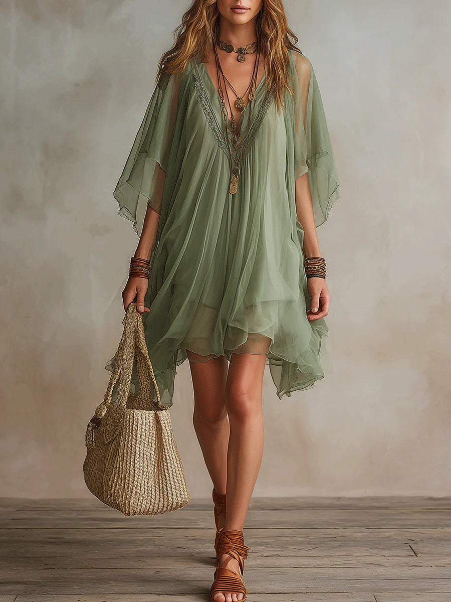 ELIZA | GREEN V-NECK CHIFFON MINI DRESS