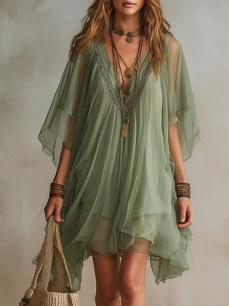 ELIZA | GREEN V-NECK CHIFFON MINI DRESS