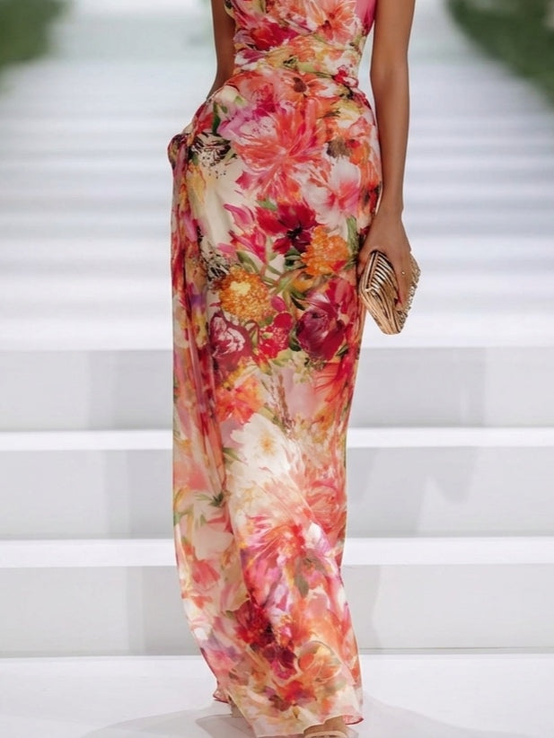 THEMBI | RED HALTER CHIFFON MAXI DRESS