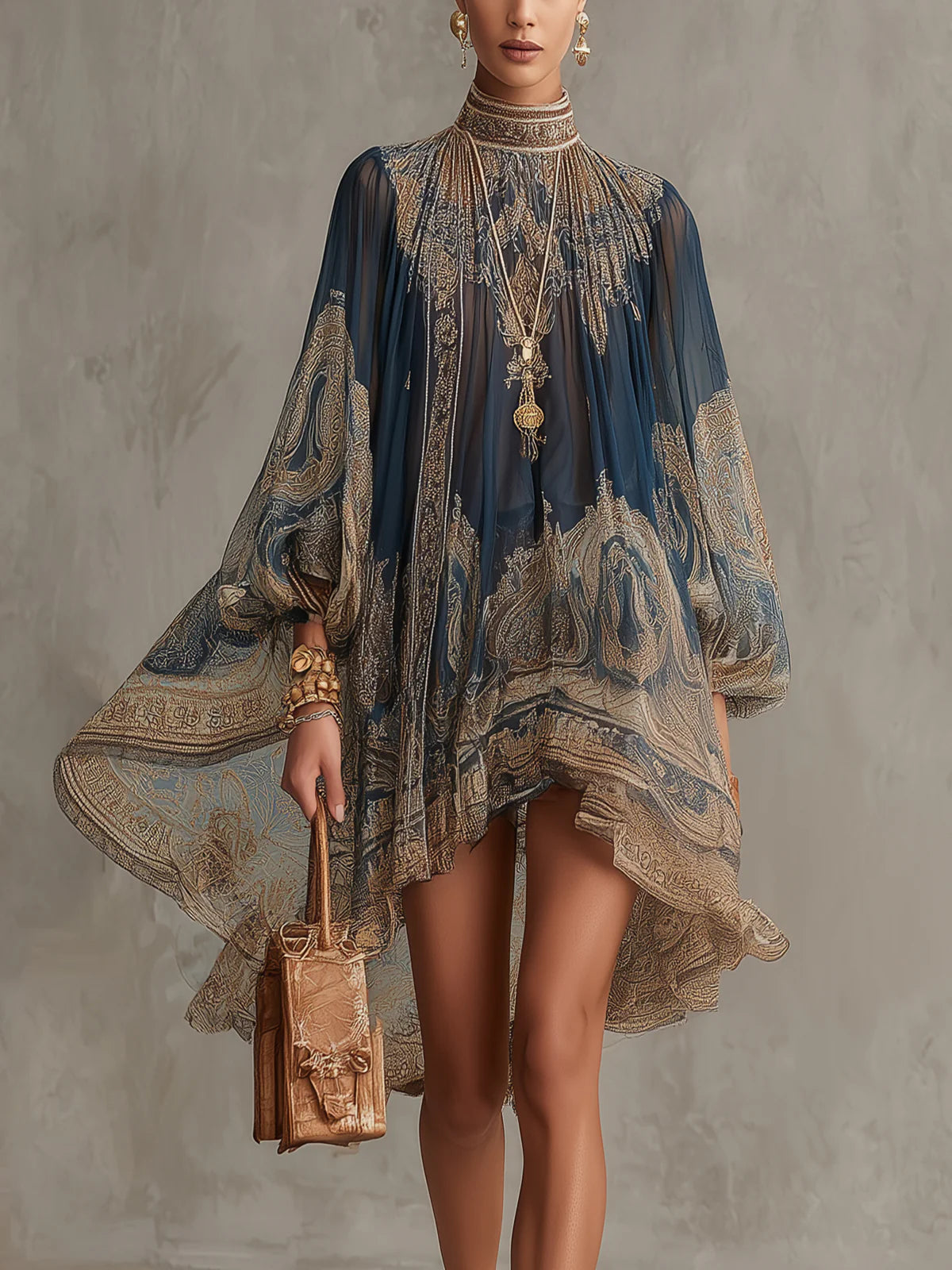 IMOGEN | NAVY BAROQUE PRINT CHIFFON MINI DRESS
