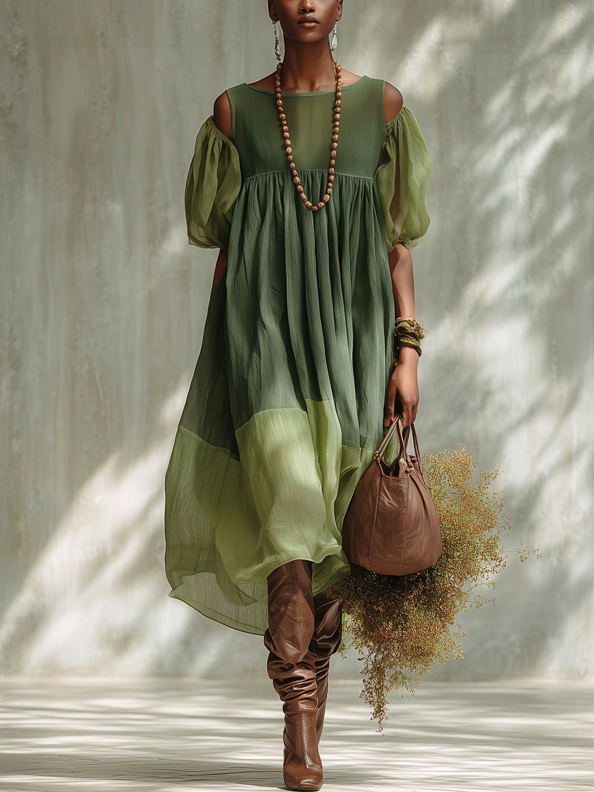 IRIS | GREEN OFF-SHOULDER CHIFFON MIDI DRESS