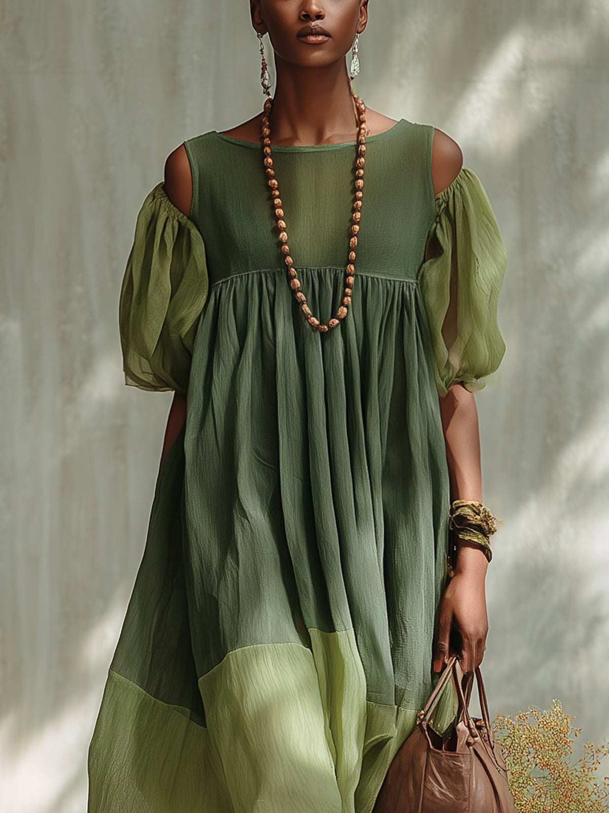 IRIS | GREEN OFF-SHOULDER CHIFFON MIDI DRESS