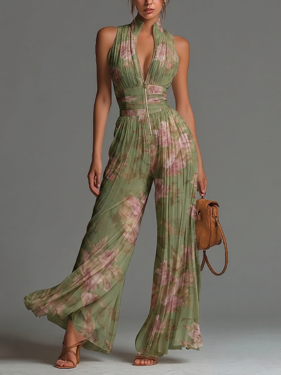 RAVEN | GREEN FLORAL CHIFFON ZIP JUMPSUIT