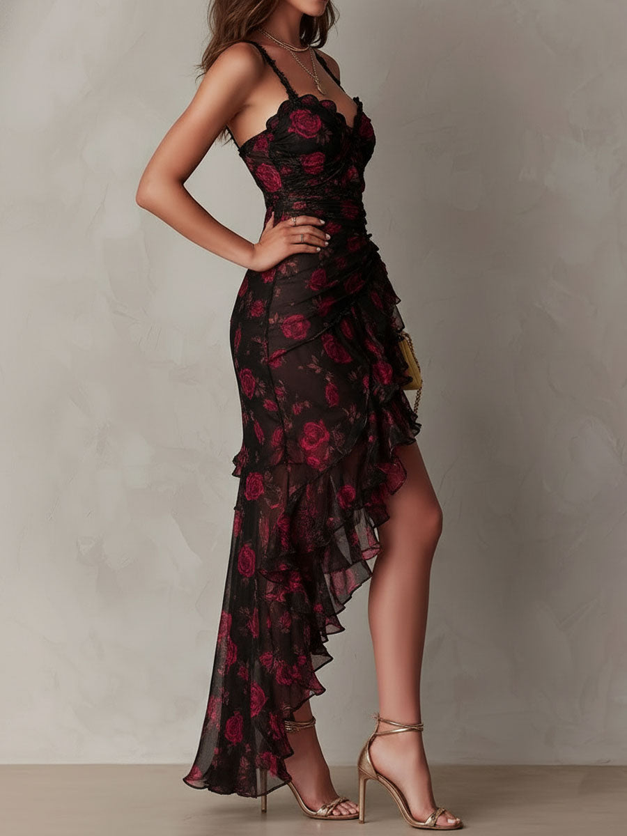 WILLOW | BLACK & RED FLORAL RUFFLE DRESS