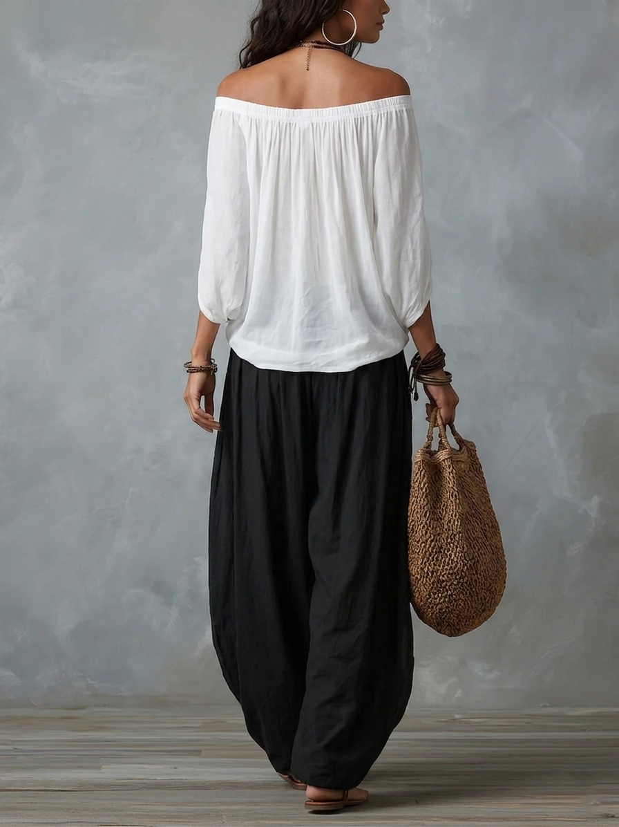 BELLE | WHITE OFF-SHOULDER TOP & TROUSERS SET