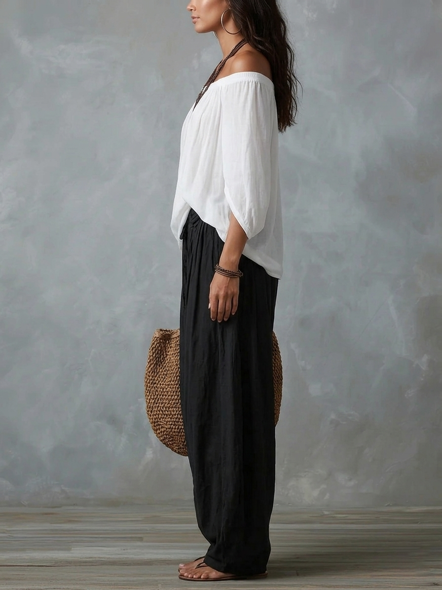 BELLE | WHITE OFF-SHOULDER TOP & TROUSERS SET