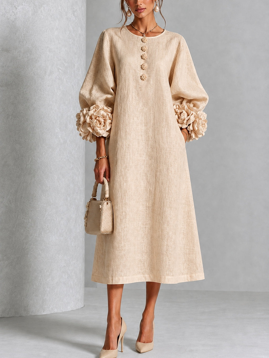 ALINE | FLORAL BUTTON PUFF SLEEVE MIDI DRESS