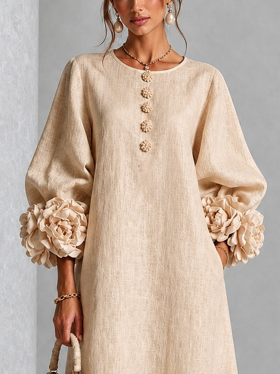 ALINE | FLORAL BUTTON PUFF SLEEVE MIDI DRESS