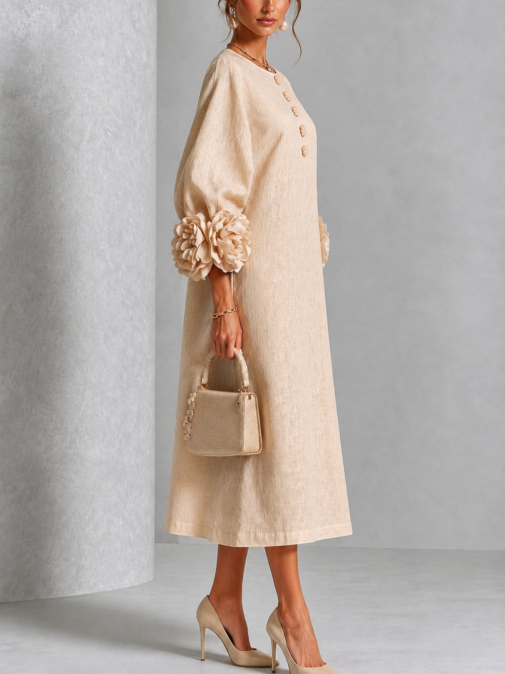 ALINE | FLORAL BUTTON PUFF SLEEVE MIDI DRESS