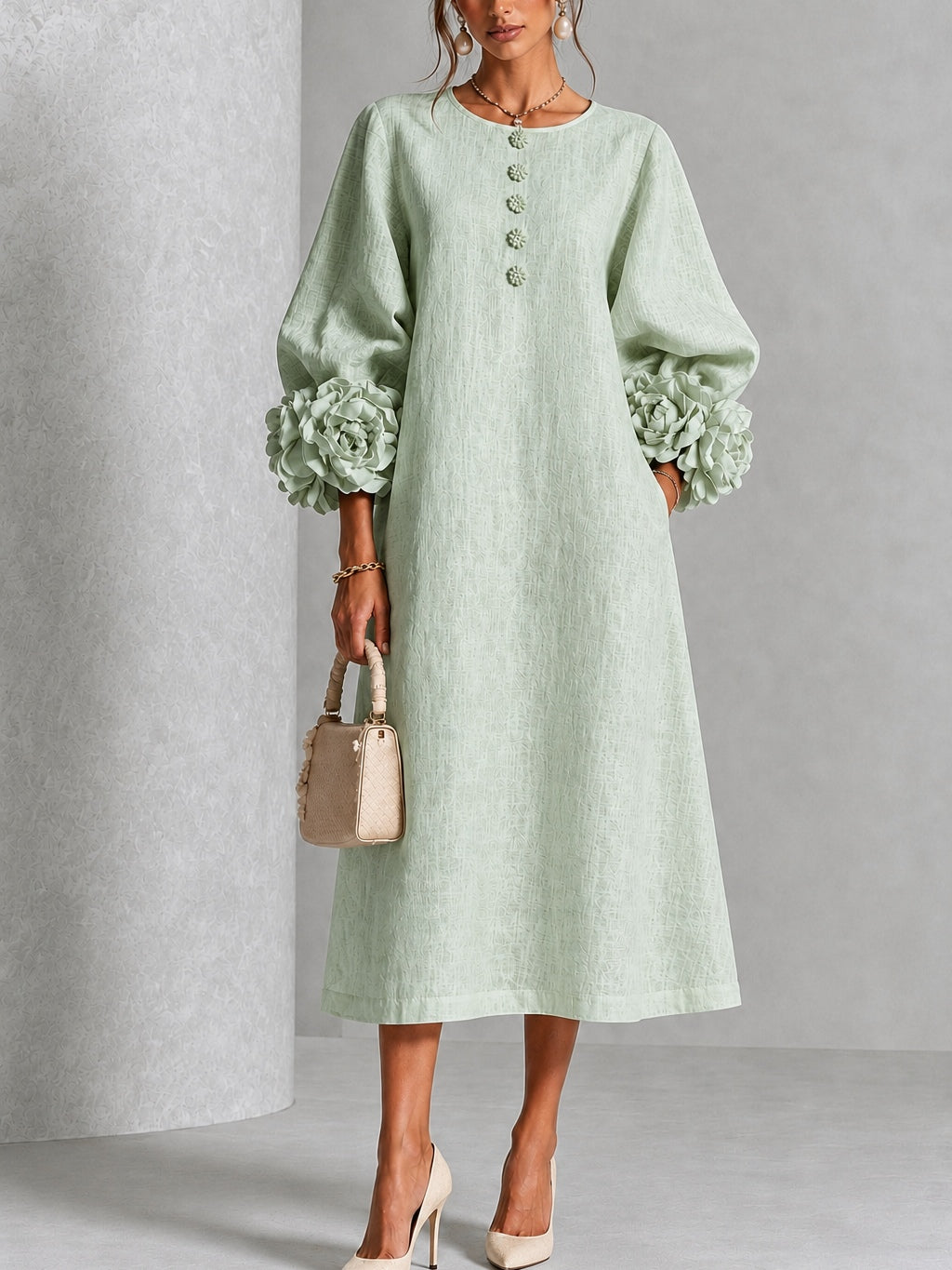 ALANA | ROUND NECK FLORAL CUFF MIDI DRESS