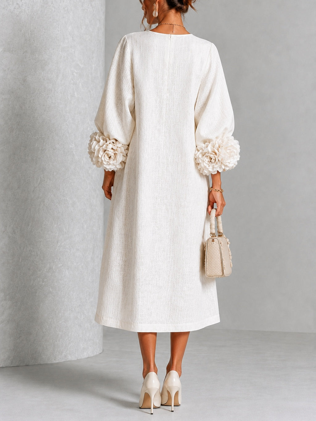 BEATRIZ | TEXTURED FLOWER CUFF MIDI DRESS