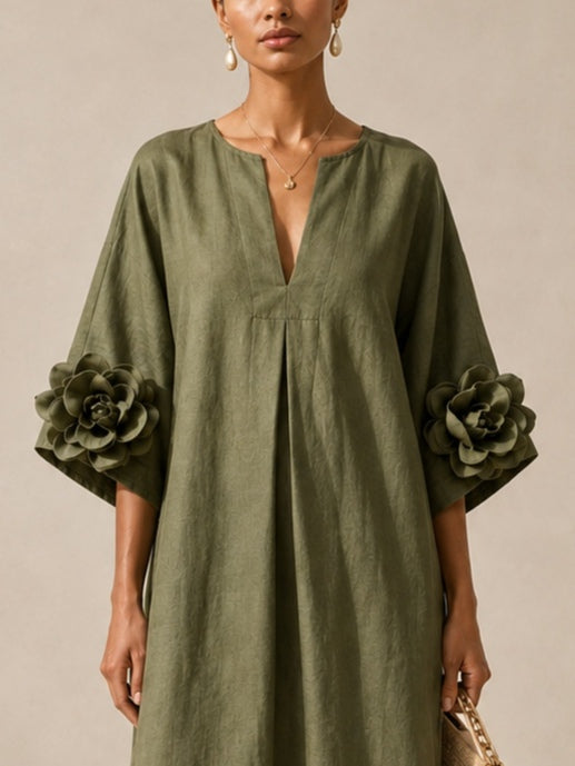 ALESSANDRA | V-NECK FLOWER SLEEVE MIDI DRESS