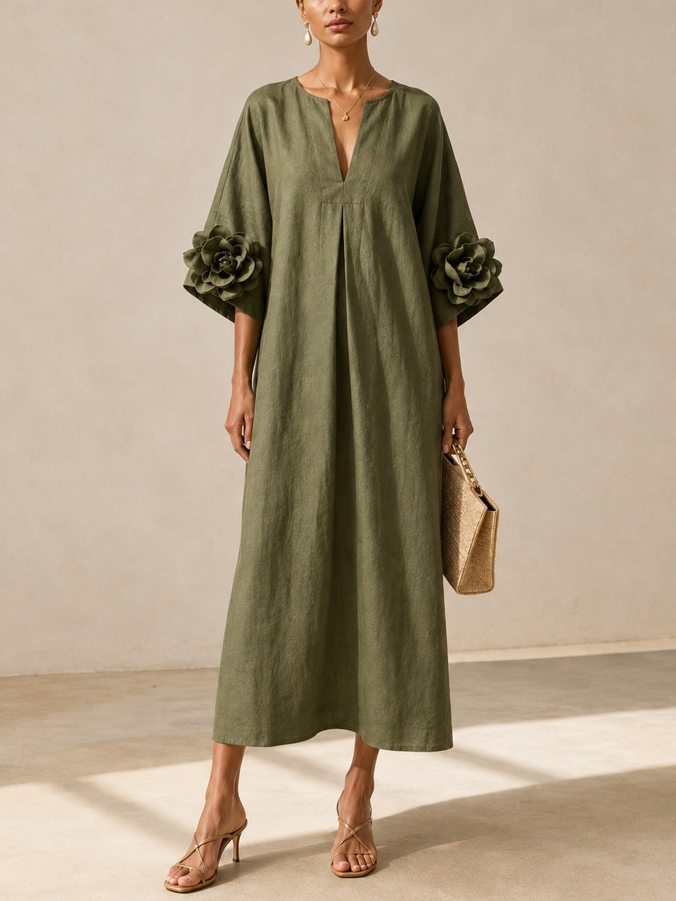 ALESSANDRA | V-NECK FLOWER SLEEVE MIDI DRESS