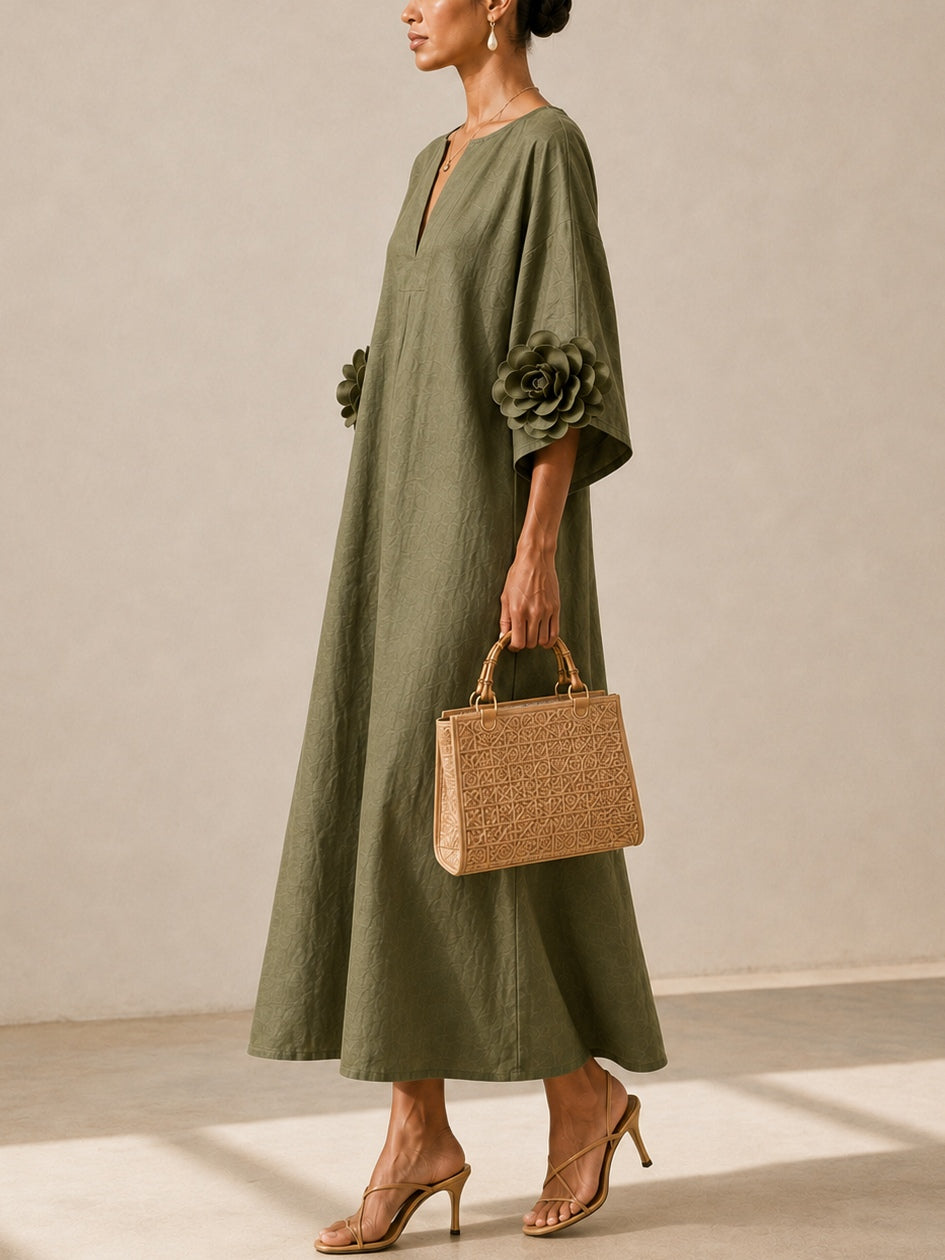 ALESSANDRA | V-NECK FLOWER SLEEVE MIDI DRESS
