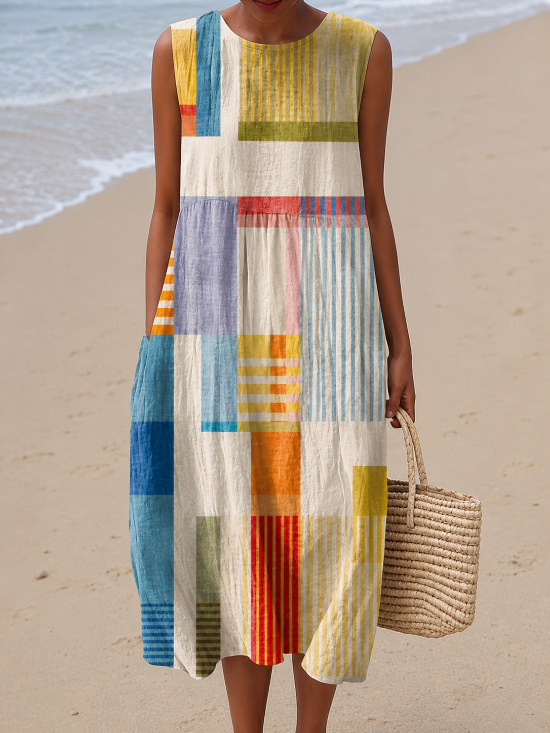 APOLLINE | PATCHWORK STRIPE MIDI DRESS