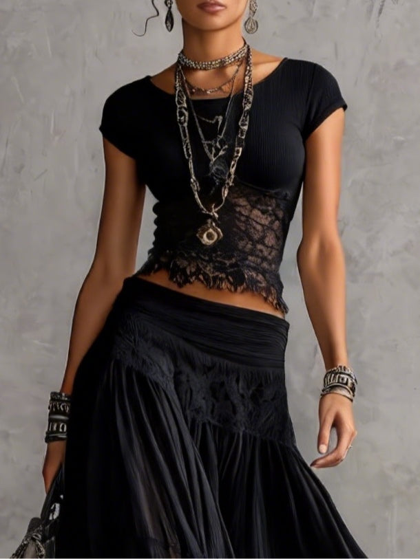 LAYLA | BLACK LACE TOP & PLEATED MAXI SKIRT