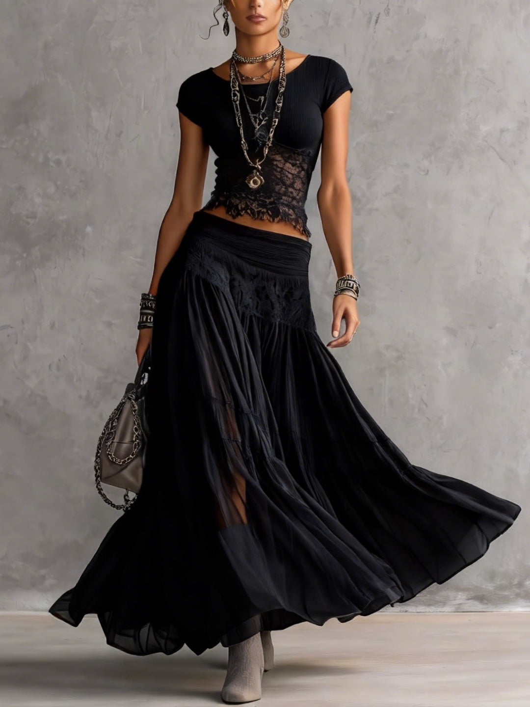 LAYLA | BLACK LACE TOP & PLEATED MAXI SKIRT