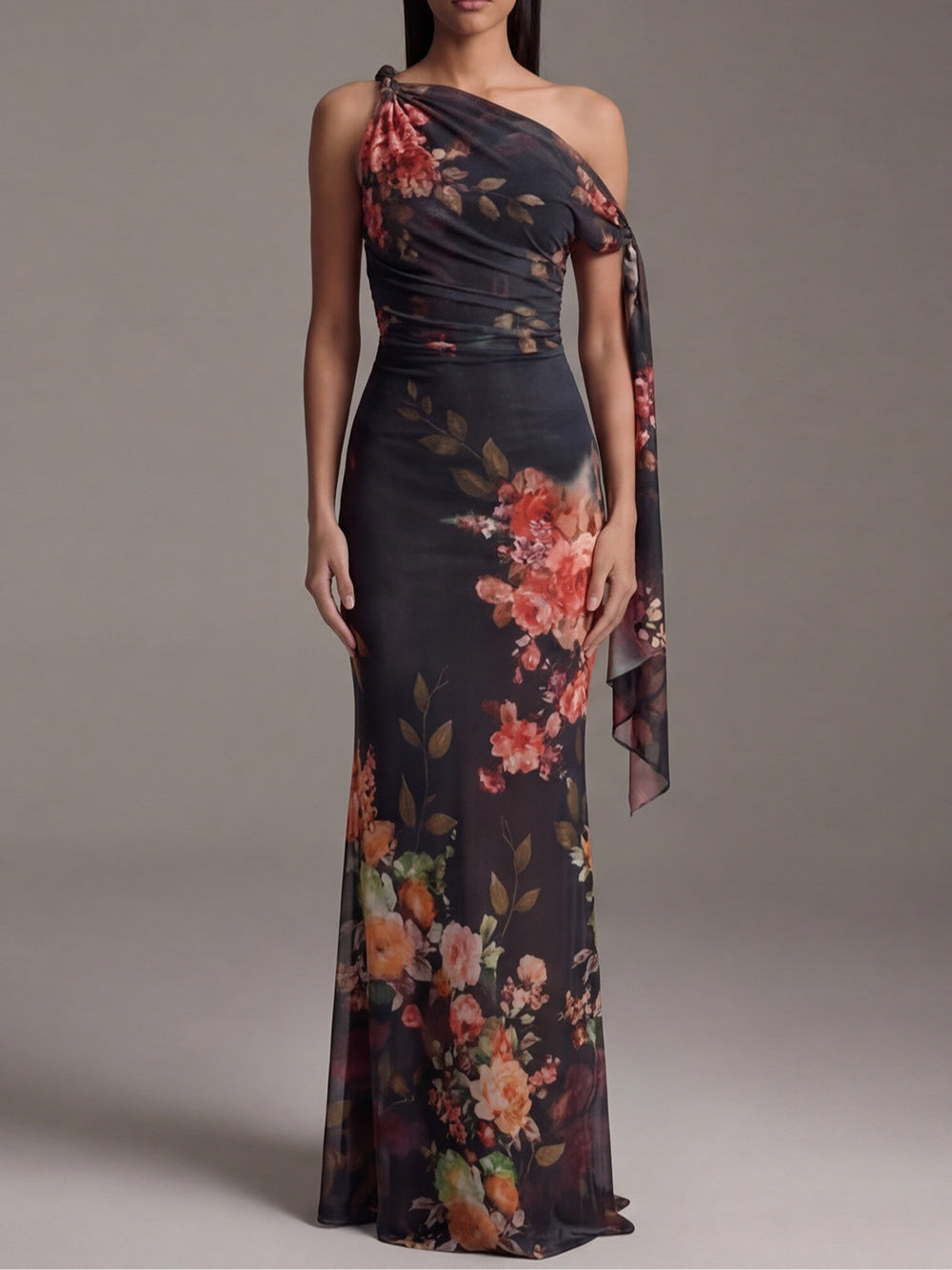 DAHLIA | BLACK PLEATED ONE-SHOULDER MAXI DRESS