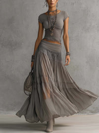 ZARA | GREY LACE TOP & PLEATED MAXI SKIRT