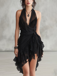 FLEUR | BLACK LACE HALTER RUFFLE MINI DRESS