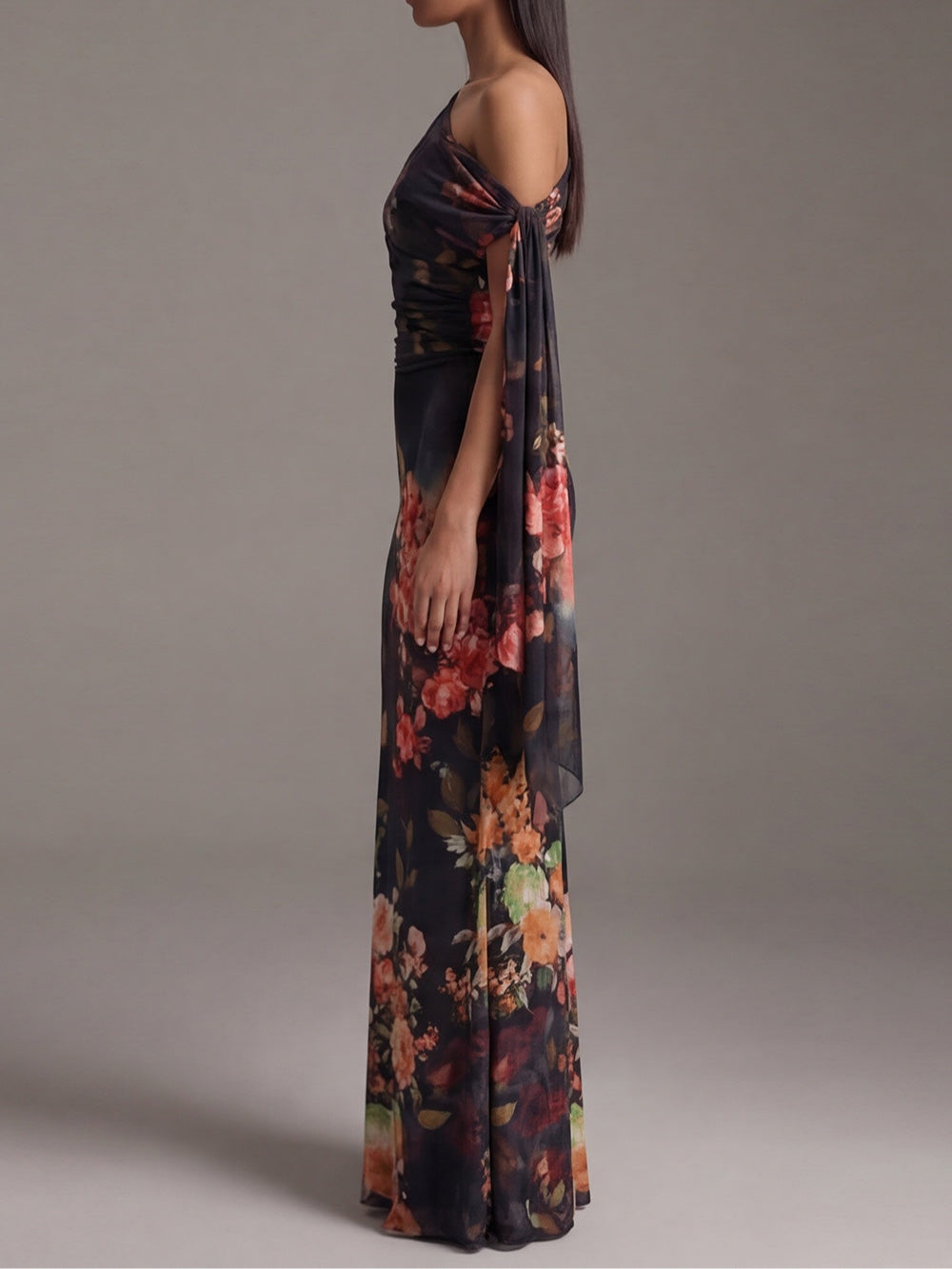 DAHLIA | BLACK PLEATED ONE-SHOULDER MAXI DRESS