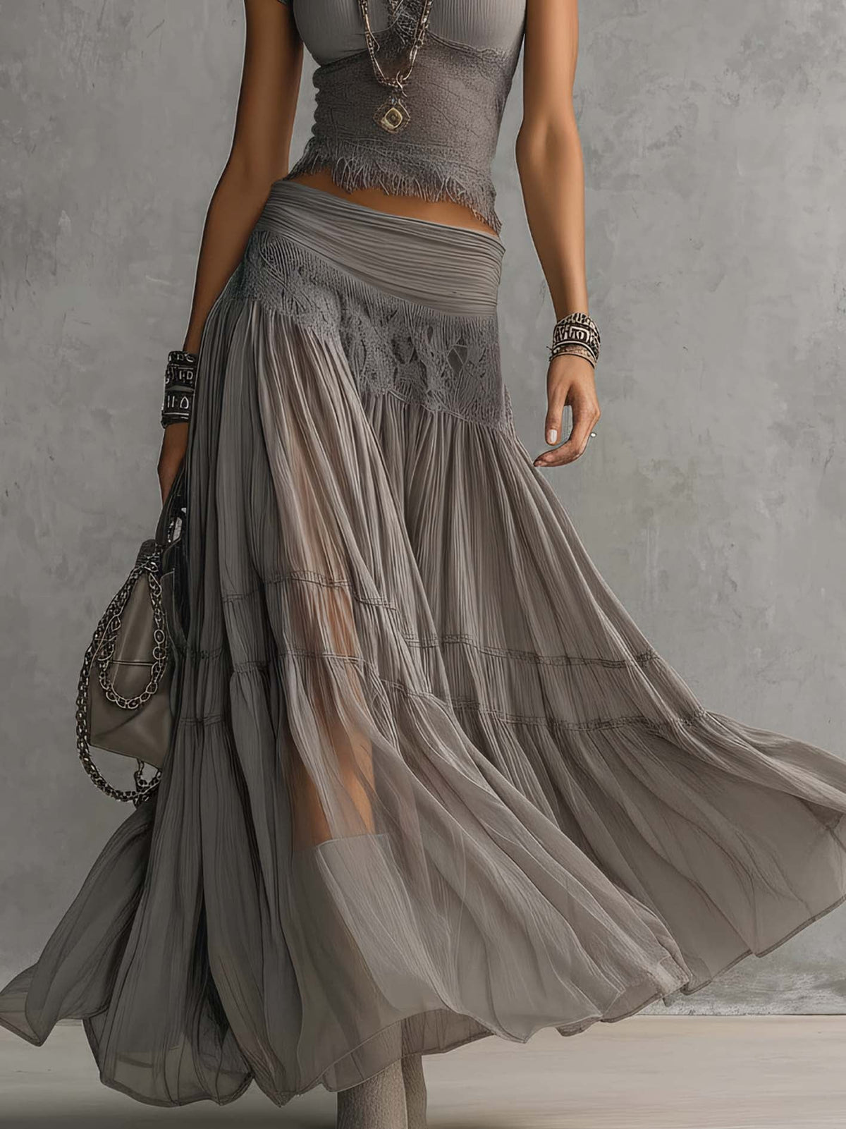 ZARA | GREY LACE TOP & PLEATED MAXI SKIRT