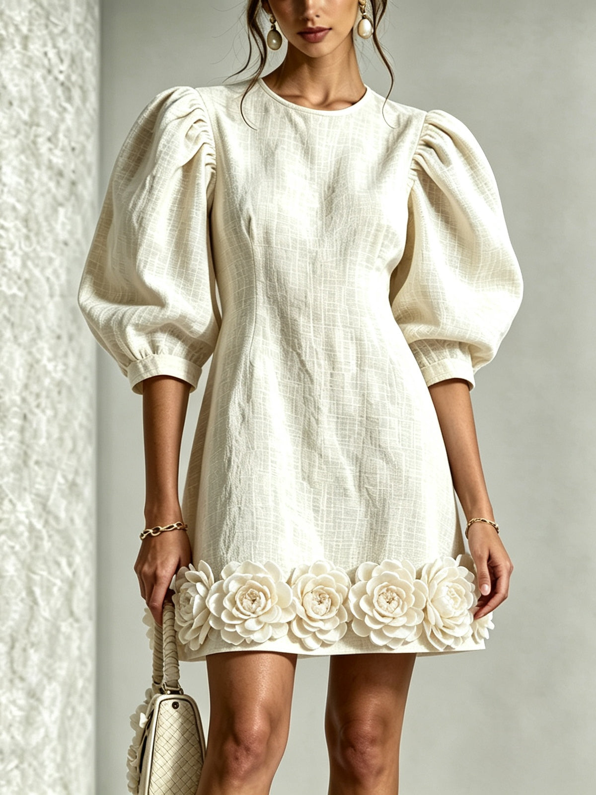 CATARINA | FLOWER HEM PUFF SLEEVE MINI DRESS