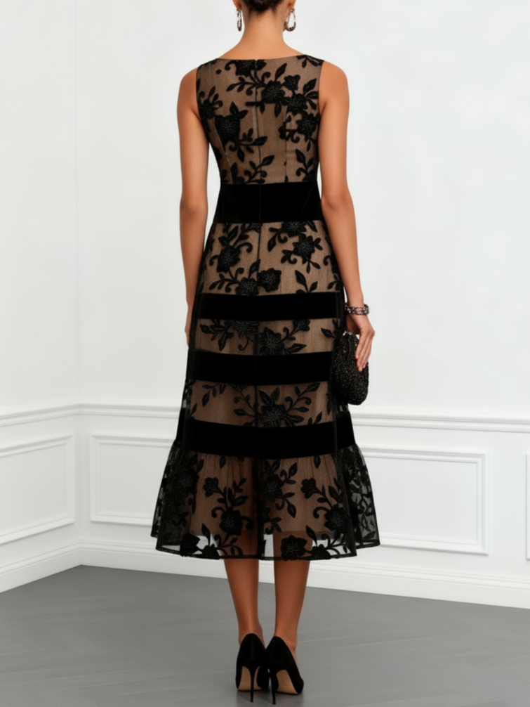 KIRA | BLACK MESH FLORAL A-LINE MIDI DRESS