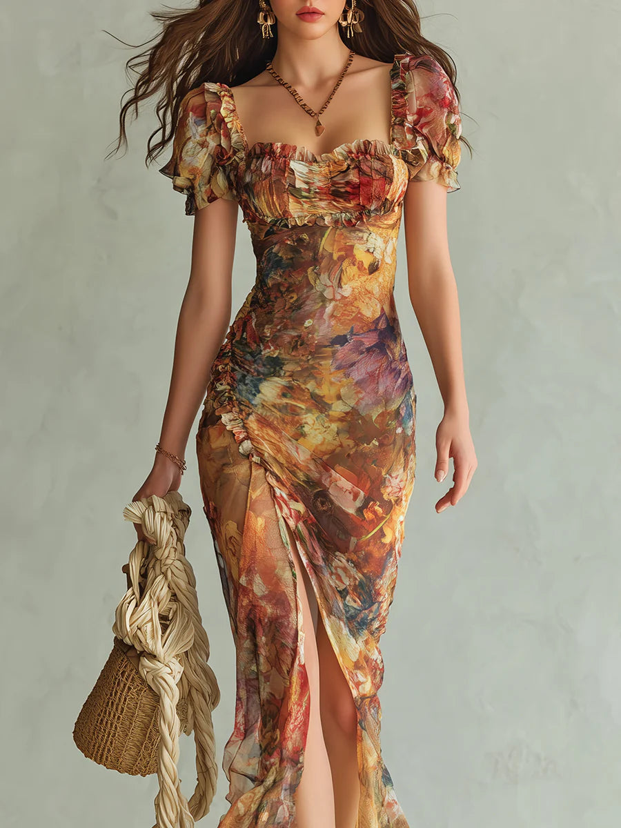 HANNAH | ORANGE OIL PRINT CHIFFON MAXI DRESS