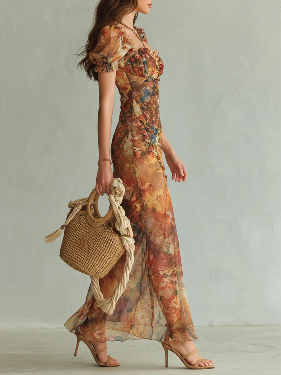 HANNAH | ORANGE OIL PRINT CHIFFON MAXI DRESS