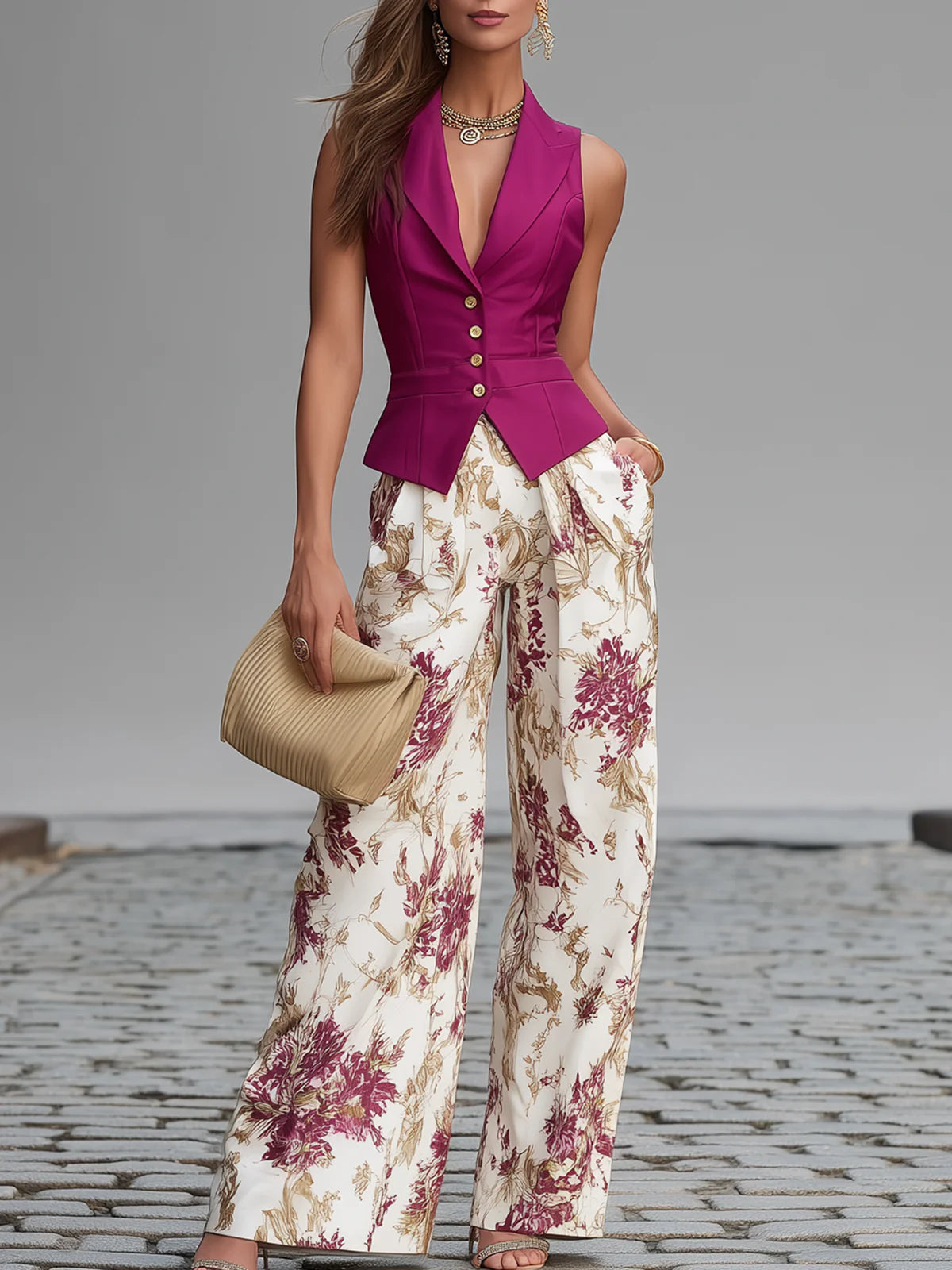 MIA | PINK GILET & FLORAL TROUSERS SET