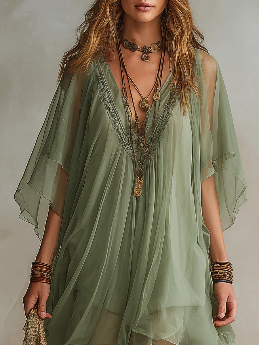ELIZA | GREEN V-NECK CHIFFON MINI DRESS