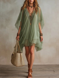 ELIZA | GREEN V-NECK CHIFFON MINI DRESS