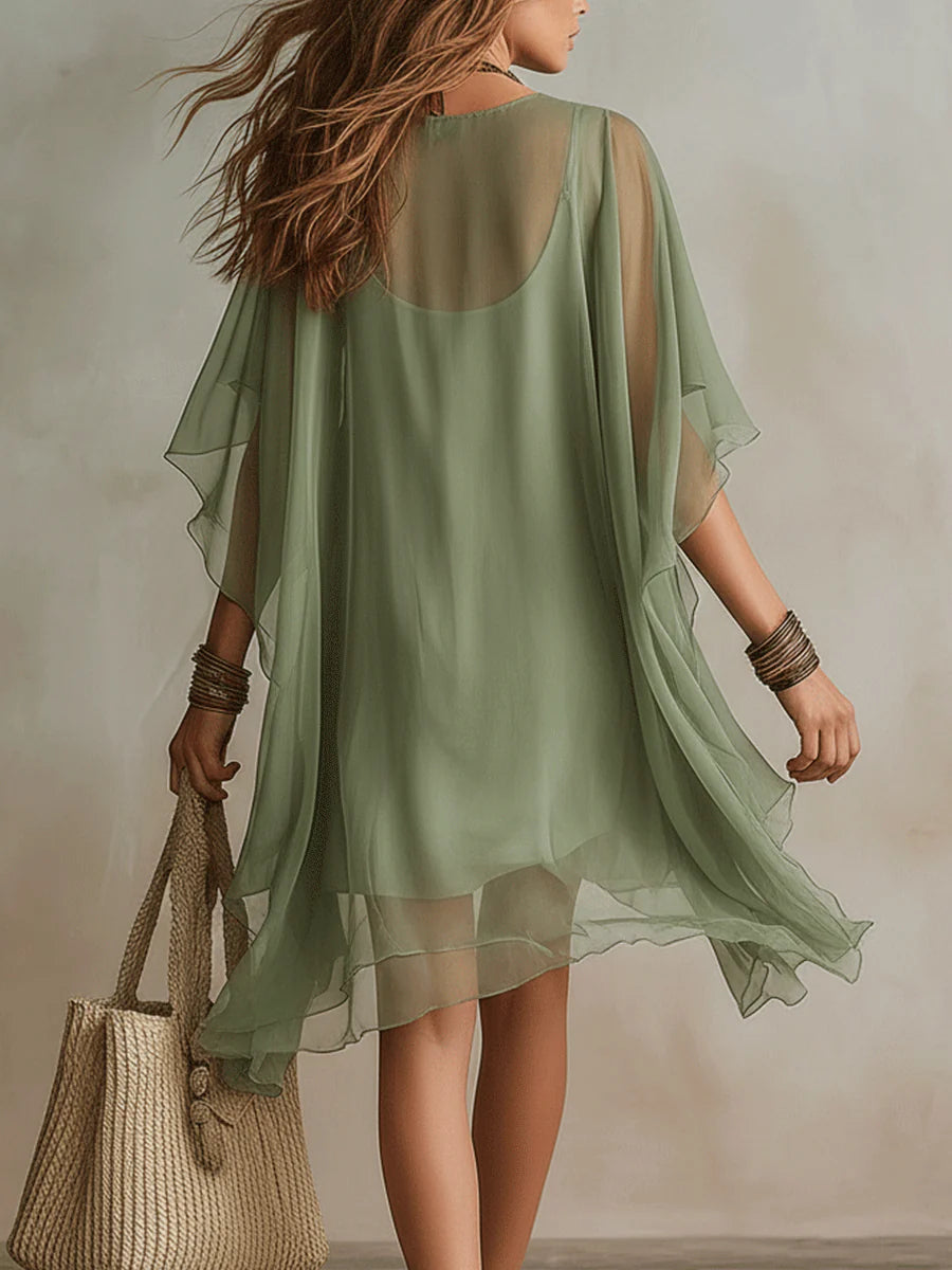 ELIZA | GREEN V-NECK CHIFFON MINI DRESS