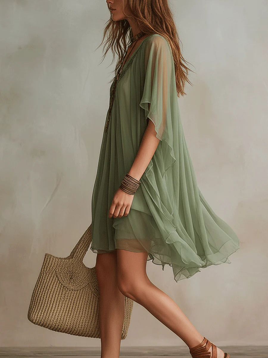 ELIZA | GREEN V-NECK CHIFFON MINI DRESS