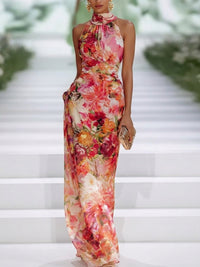 THEMBI | RED HALTER CHIFFON MAXI DRESS
