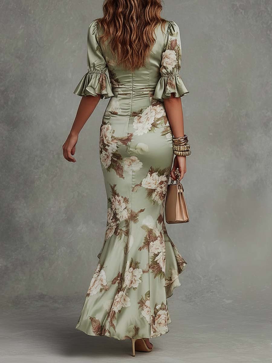 NAOMI | GREEN FLORAL SATIN MAXI DRESS