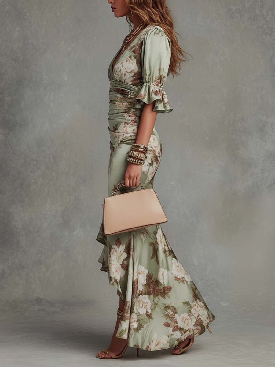 NAOMI | GREEN FLORAL SATIN MAXI DRESS