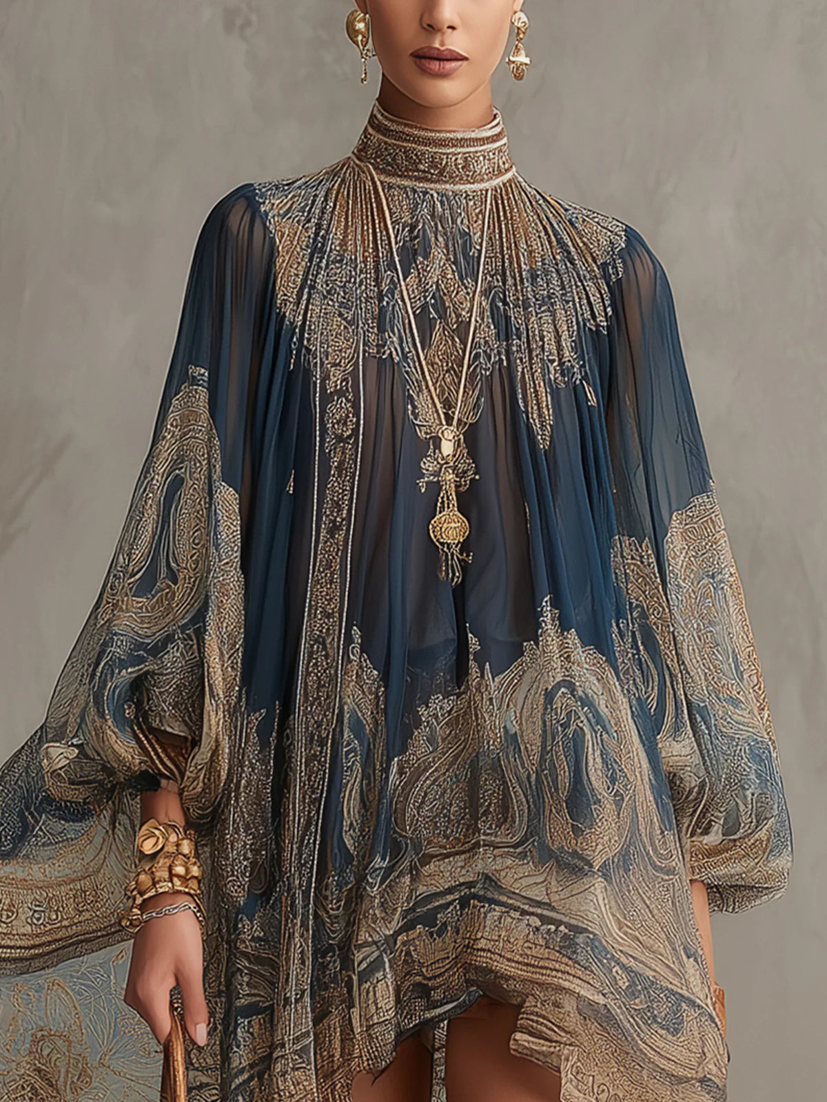 IMOGEN | NAVY BAROQUE PRINT CHIFFON MINI DRESS